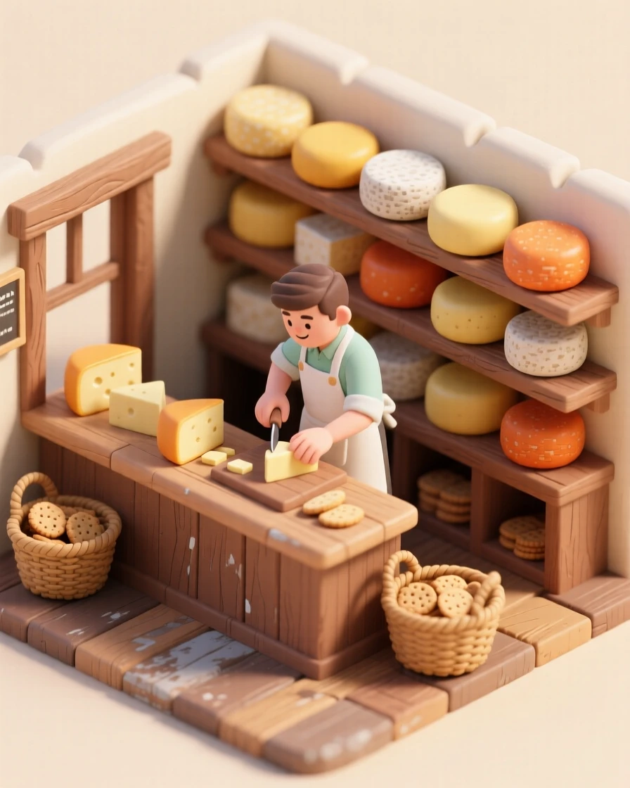 A rustic cheese shop with wheels of cheese stacked on wooden shelves, a shopkeeper slicing samples, and baskets of crackers nearby.