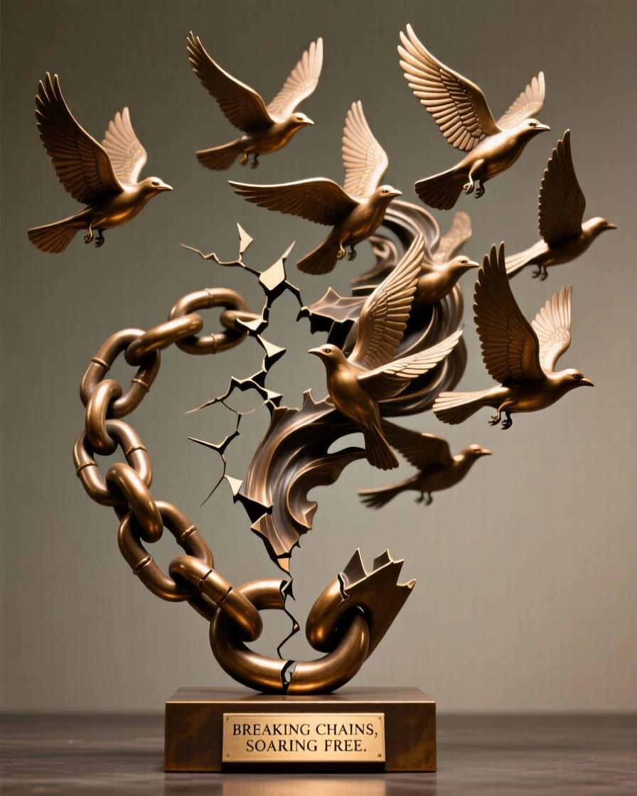 A broken chain transforming into a flock of birds, symbolizing freedom, composed with striking clarity and a strong central focal point, evoking deep emotional resonance
