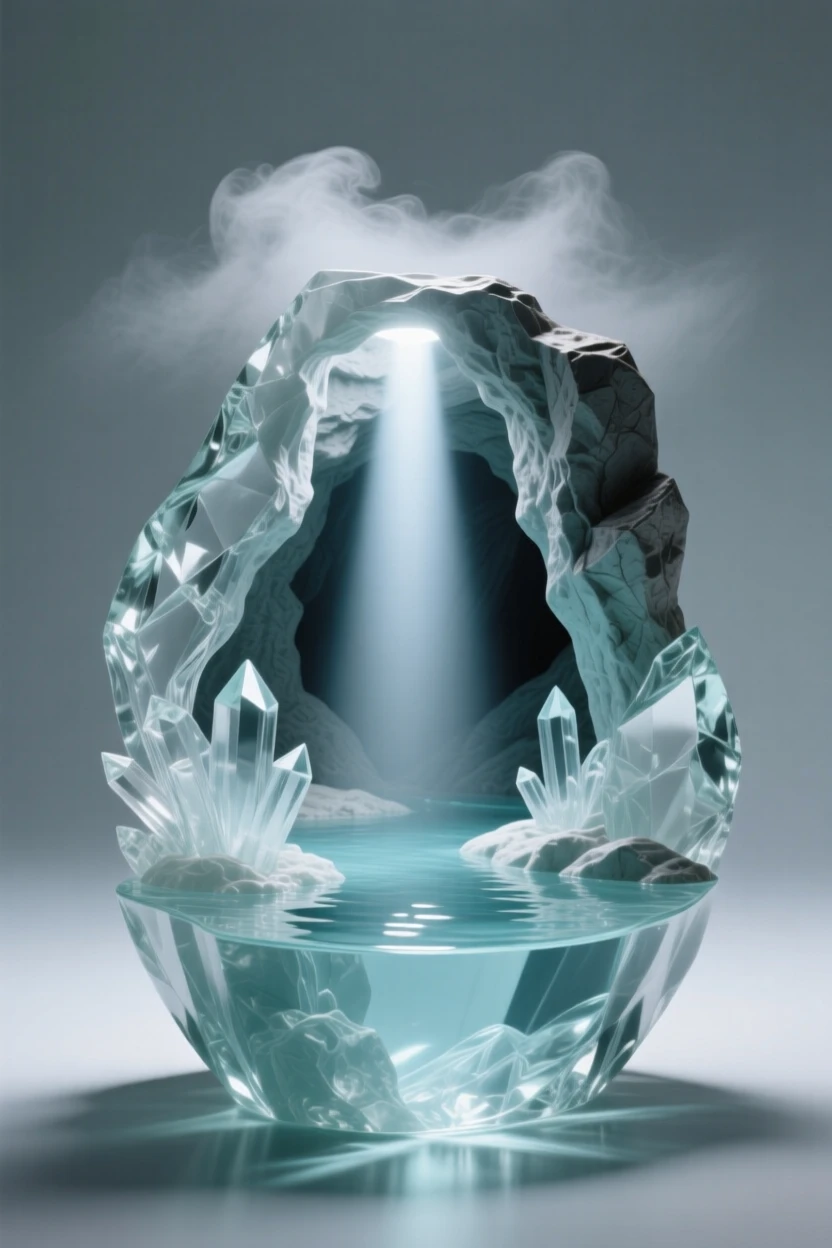 A hidden cave with a shaft of light illuminating crystal pools at the quiet hush of early morning, gentle mist rising, composition inviting stillness and reflection.