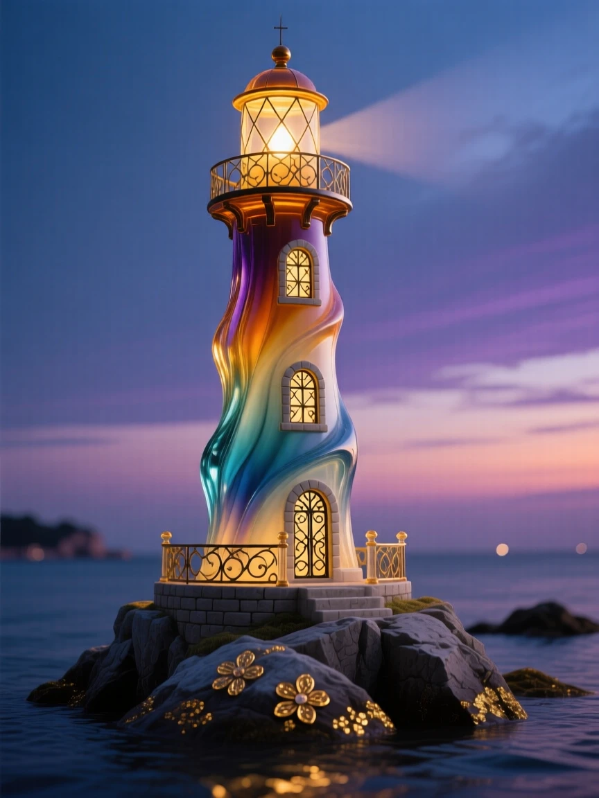 An ancient lighthouse standing solitary on a rocky island at dusk, iconic and moody.
