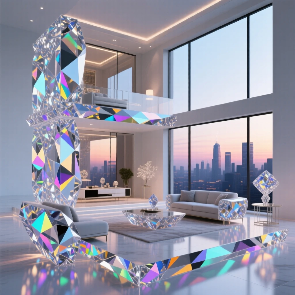 A luxurious penthouse interior with floor-to-ceiling windows overlooking a city skyline at dusk.