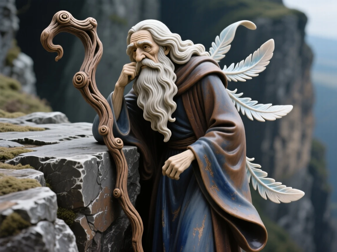 A wise old wizard leaning on a gnarled staff perched watchfully at the edge of a cliff, with delicate feathers trailing like ribbons, capturing the enchantment of forgotten legend.