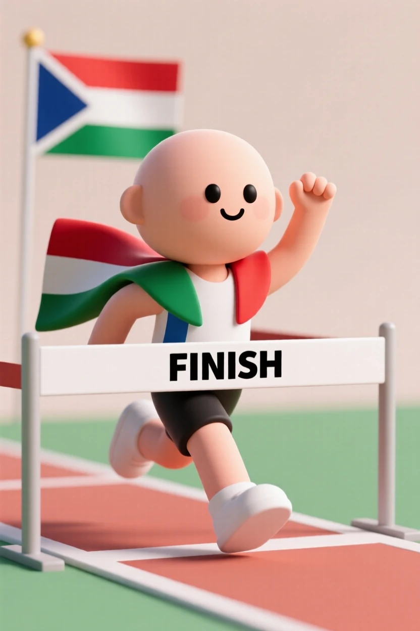 A triumphant athlete crosses an Olympic finish line, national flag draped proudly over both shoulders.
