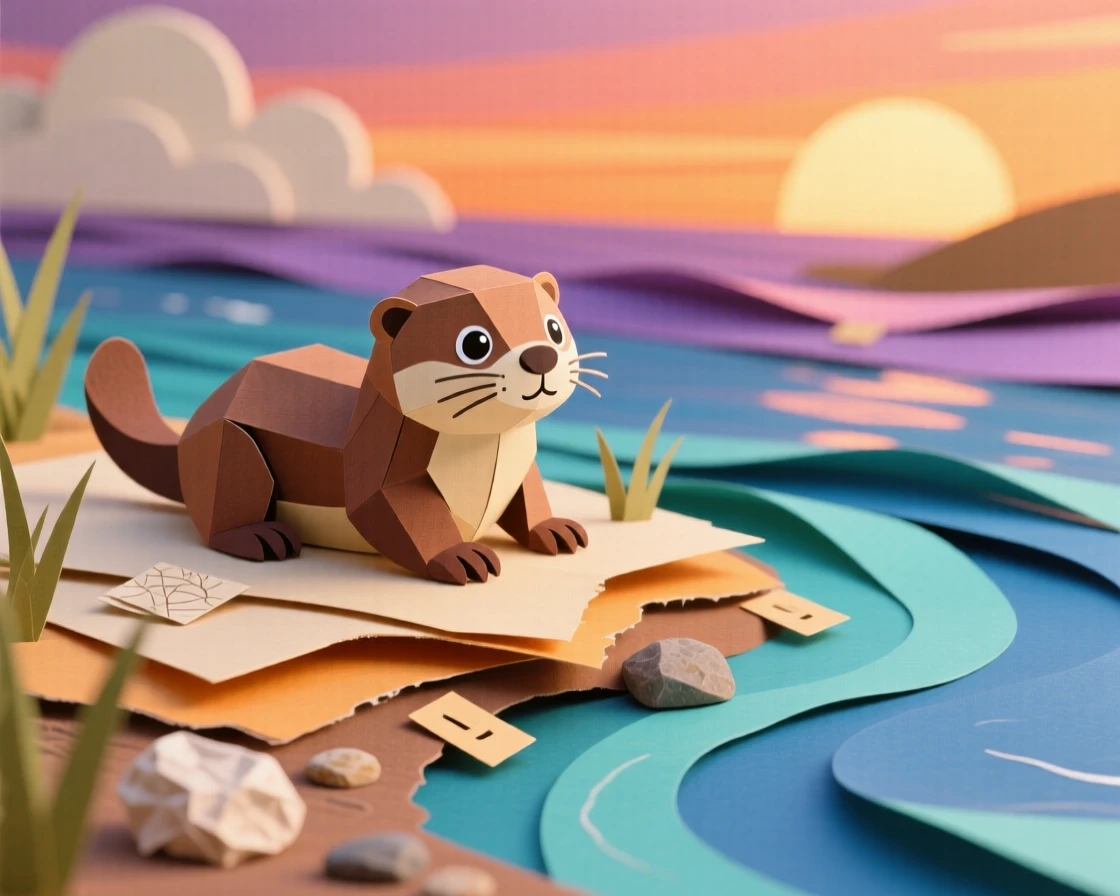 A curious baby otter basking on a warm riverbank, with warm sunset colors filling the sky, evoking tenderness and family bonds.