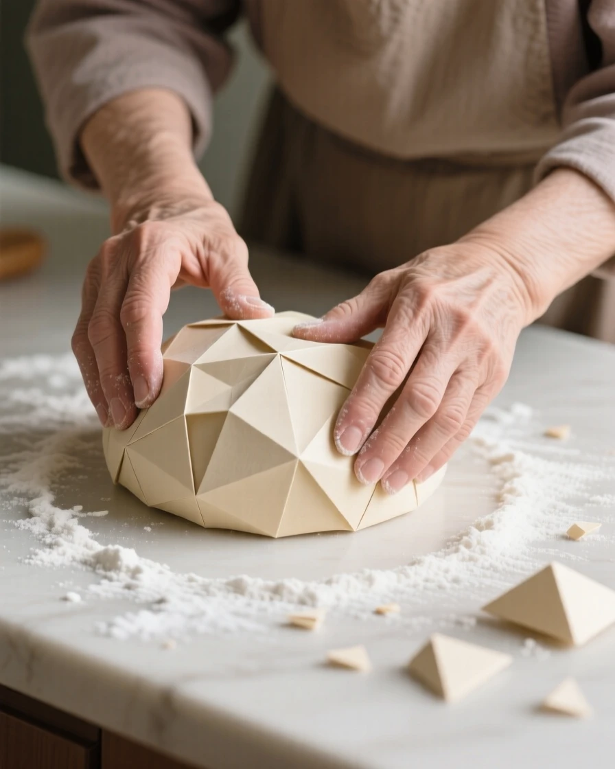 A grandmother's hands kneading bread dough on a flour-dusted countertop.
