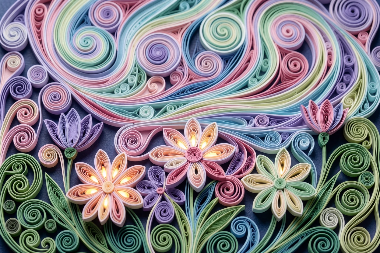 A magical fantasy scene of a moonlit garden where flowers glow softly at night beneath a sky swirling with the northern lights, in dreamy pastel tones of lavender and rose, captured in an intimate close-up glowing softly.