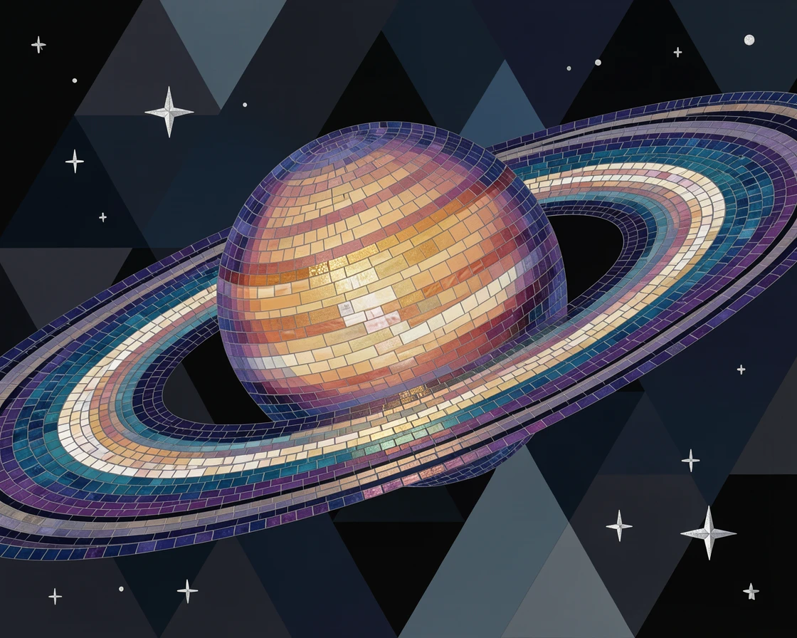 A dramatic close view of the rings of Saturn glowing softly against the darkness of space, glowing with rich cosmic color.