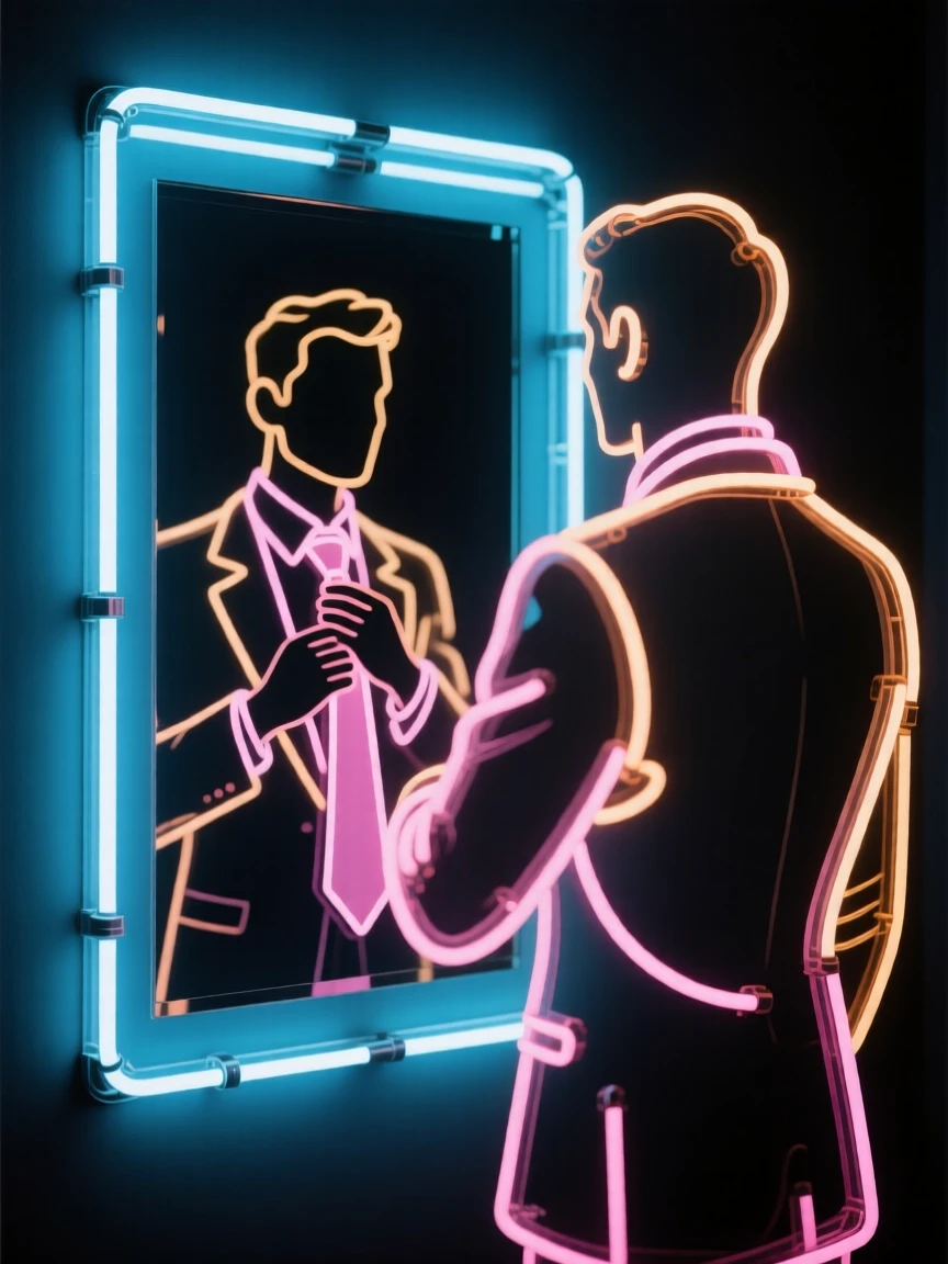 A groom straightening his tie in front of a mirror before the ceremony.