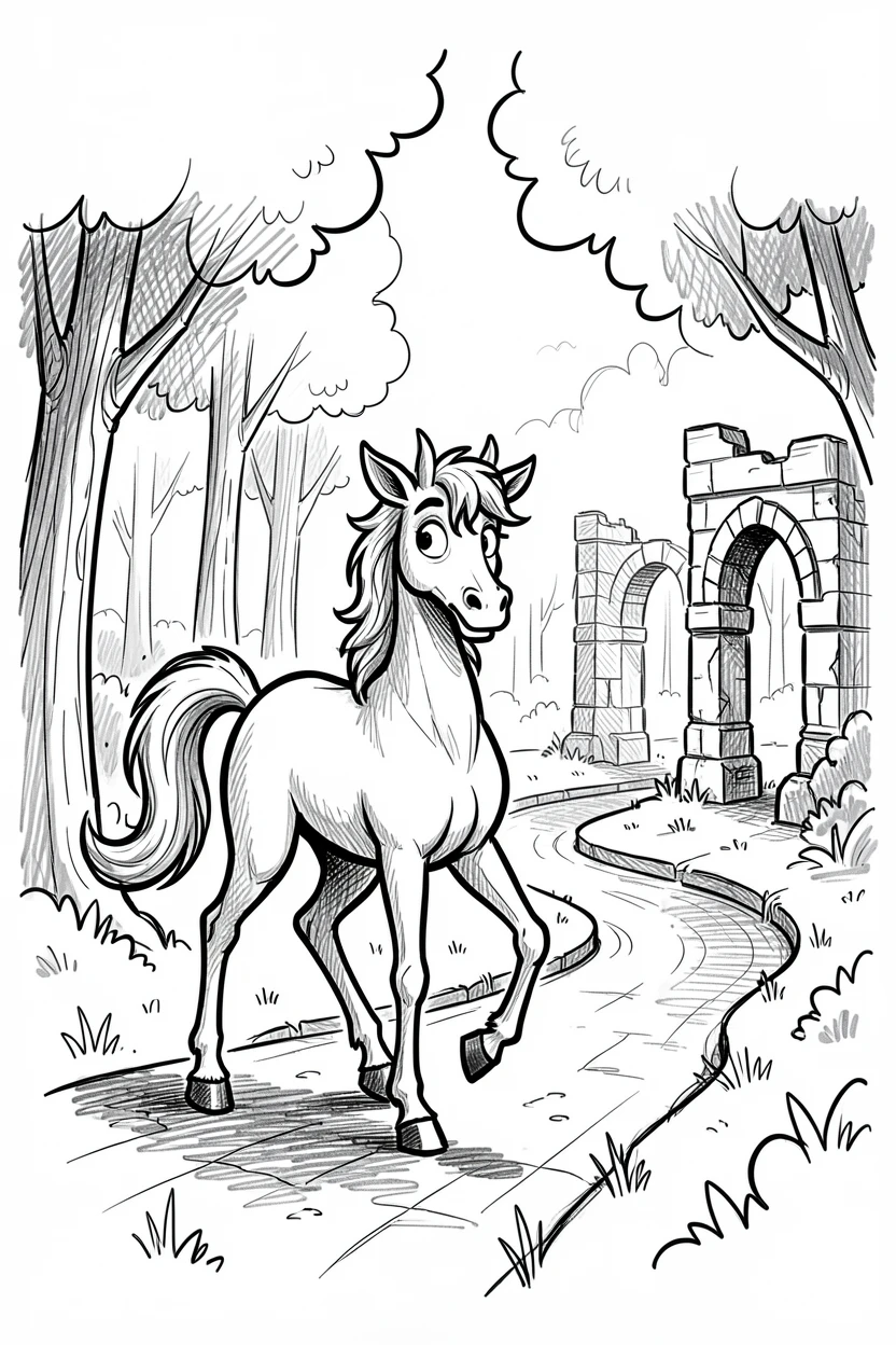 A centaur walking through a sunlit forest beside a river winding through ruins.