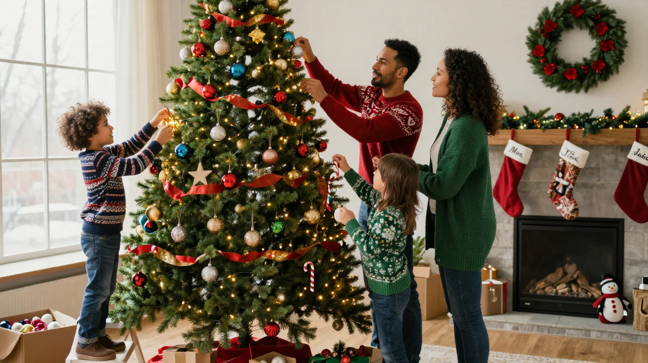 A family decorating a Christmas tree with ornaments