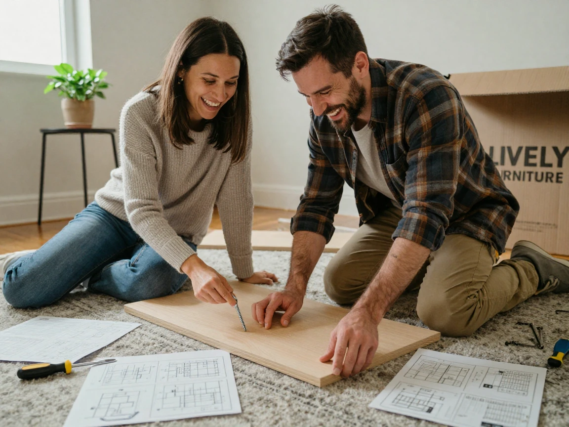 A couple laughs while assembling flat-pack furniture surrounded by instruction sheets.