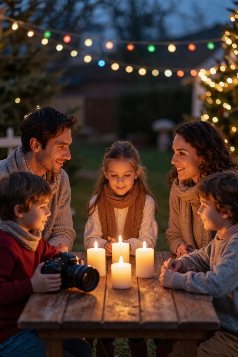 A family lighting candles together for the holiday beneath strings of colorful festival lights