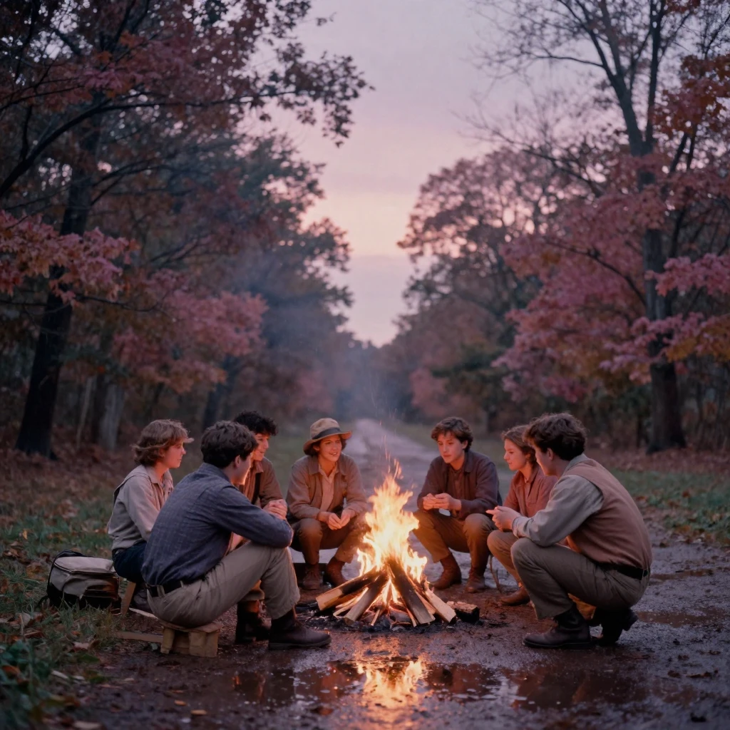 A group of campers gathered around a fire telling stories, in the last light of dusk, just after a rain shower, with puddles reflecting the sky, in the mild days of early autumn, in dusty lavender and rose tones, framed symmetrically down a long corridor.
