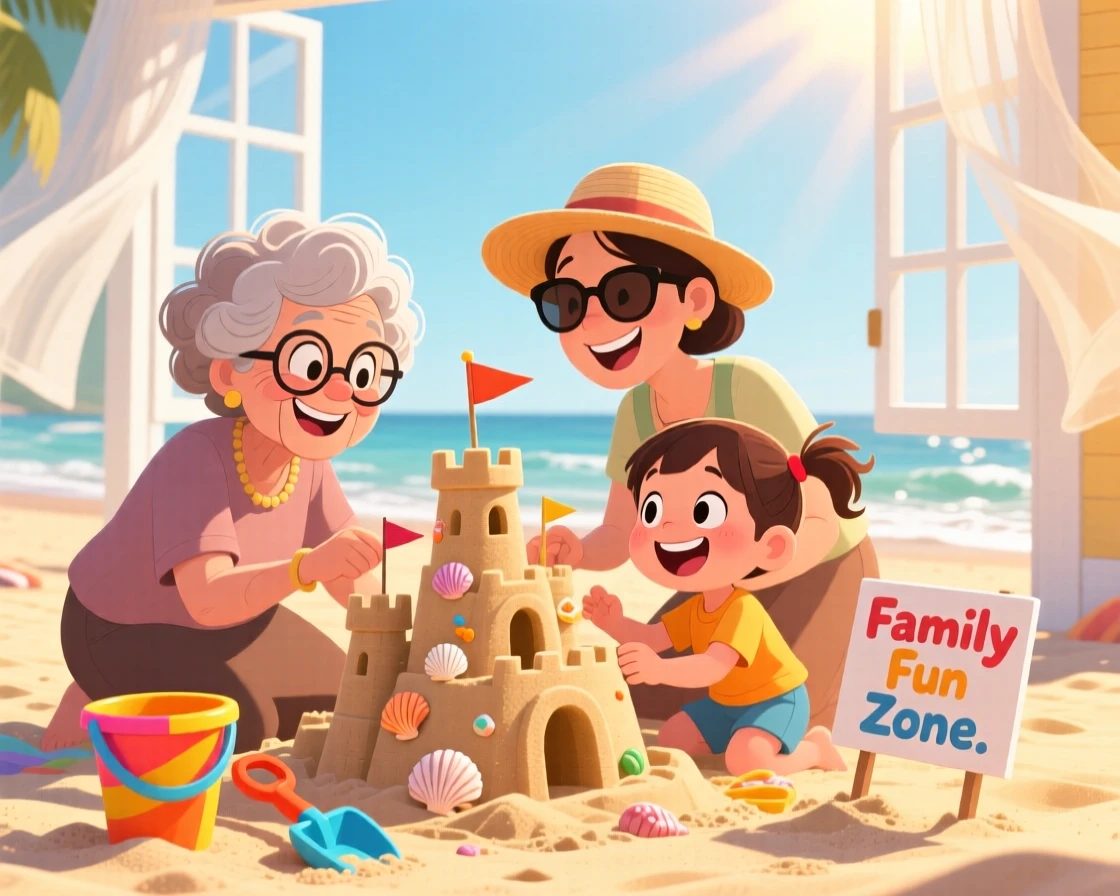 A heartwarming scene of three generations of one family building a sandcastle together at the beach, as golden sunlight streams through the window.
