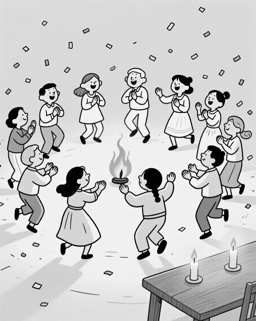 An entire village dancing together in a circle, cupping hands carefully around a flickering flame, set around a table glowing with warm candlelight. Confetti drifts lazily through the air. It captures the warmth of celebration shared across generations.