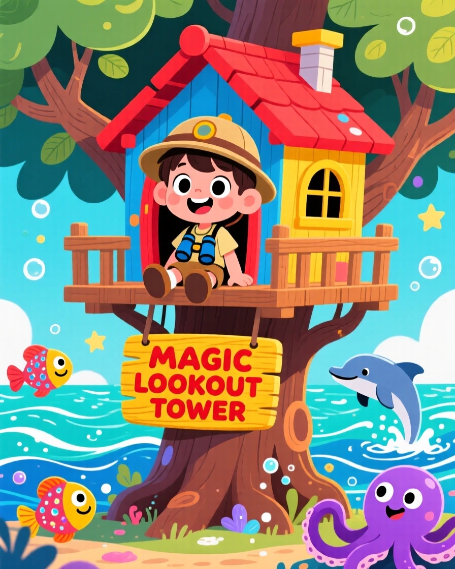 A child imagining their treehouse as a lookout tower over a magic sea.