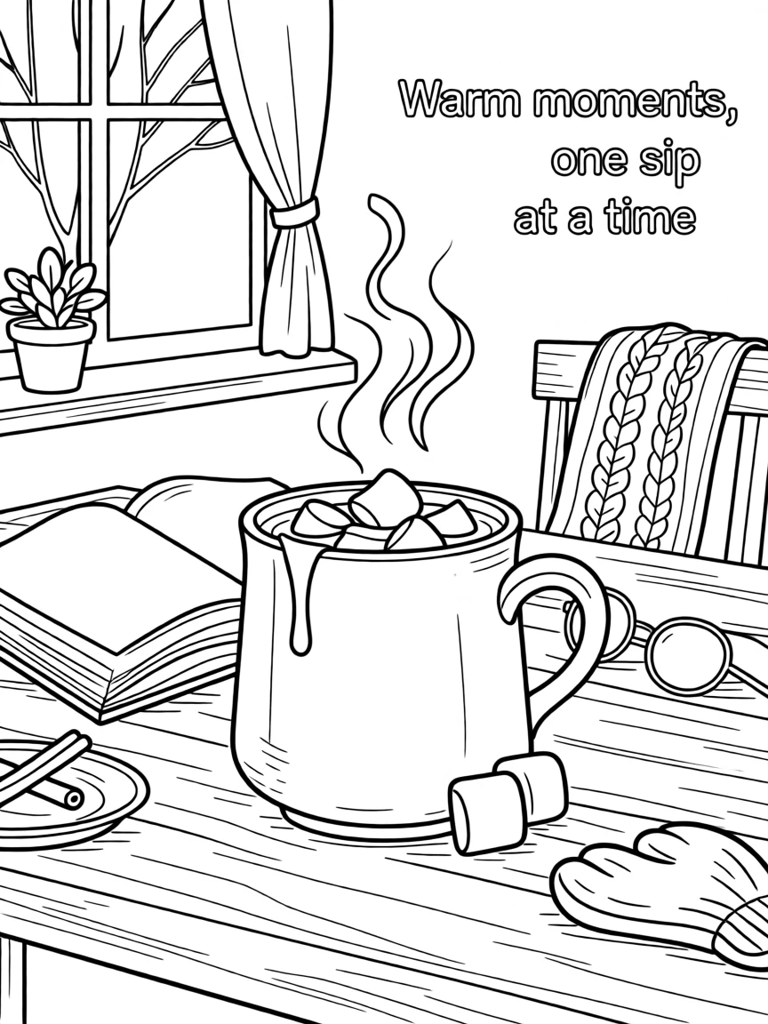 A hot chocolate mug with marshmallows melting on top, with a warm, inviting glow over the whole scene.