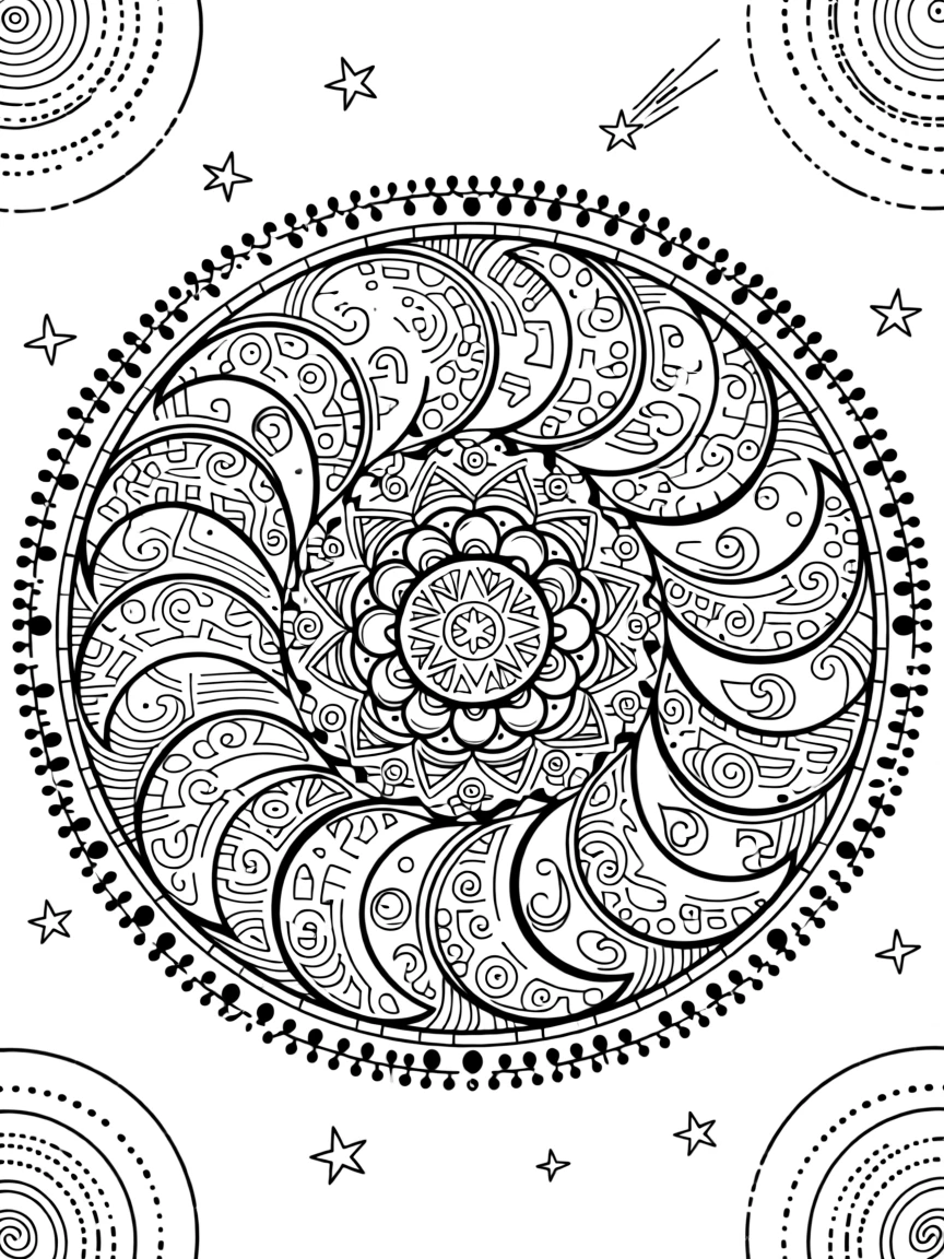 A mandala shaped like a spiral galaxy of overlapping crescent moons.