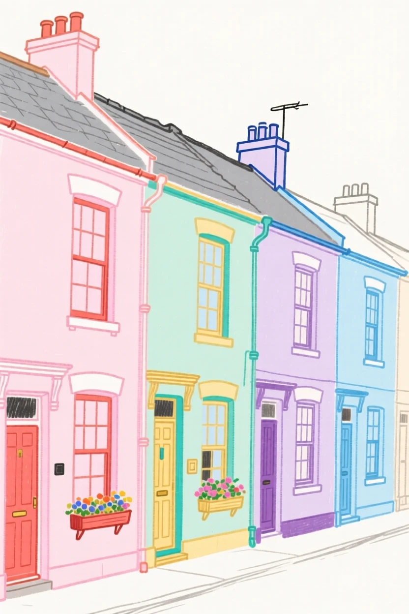 A row of terraced houses painted in pastel colors.