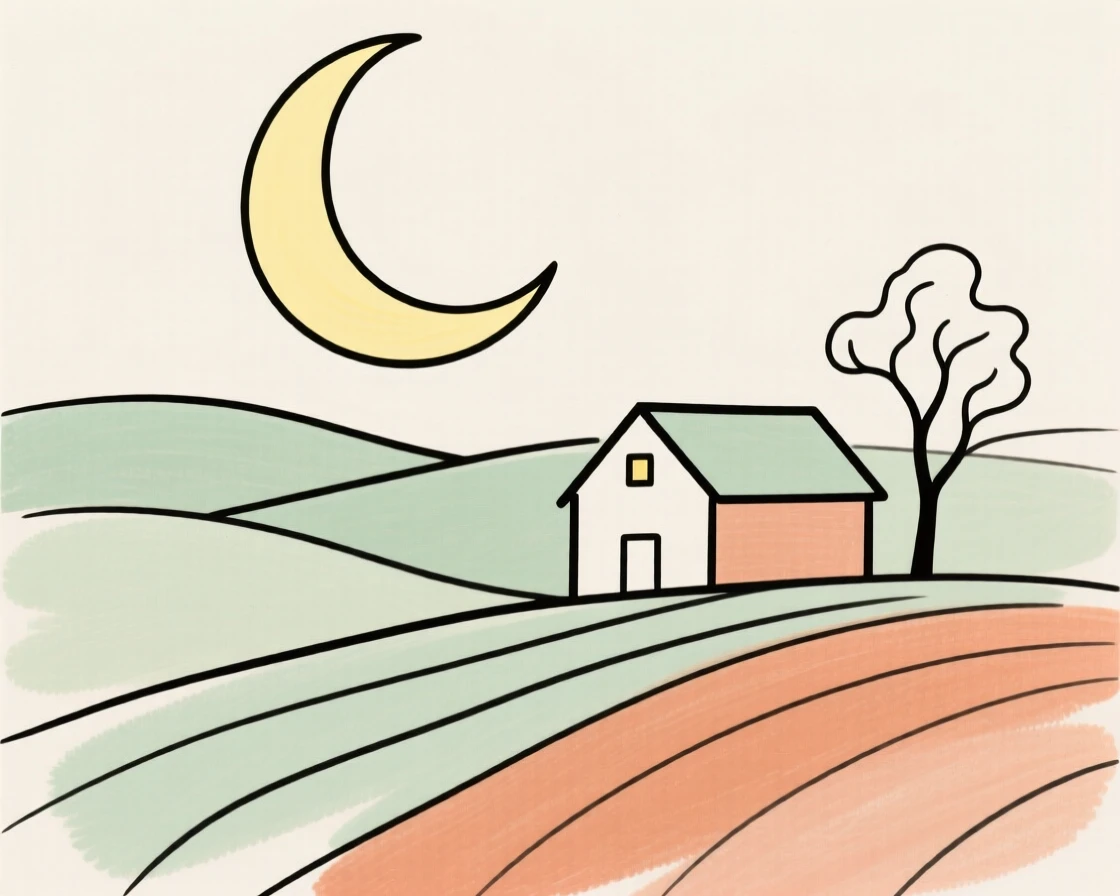 A harvest moon rising over a farm