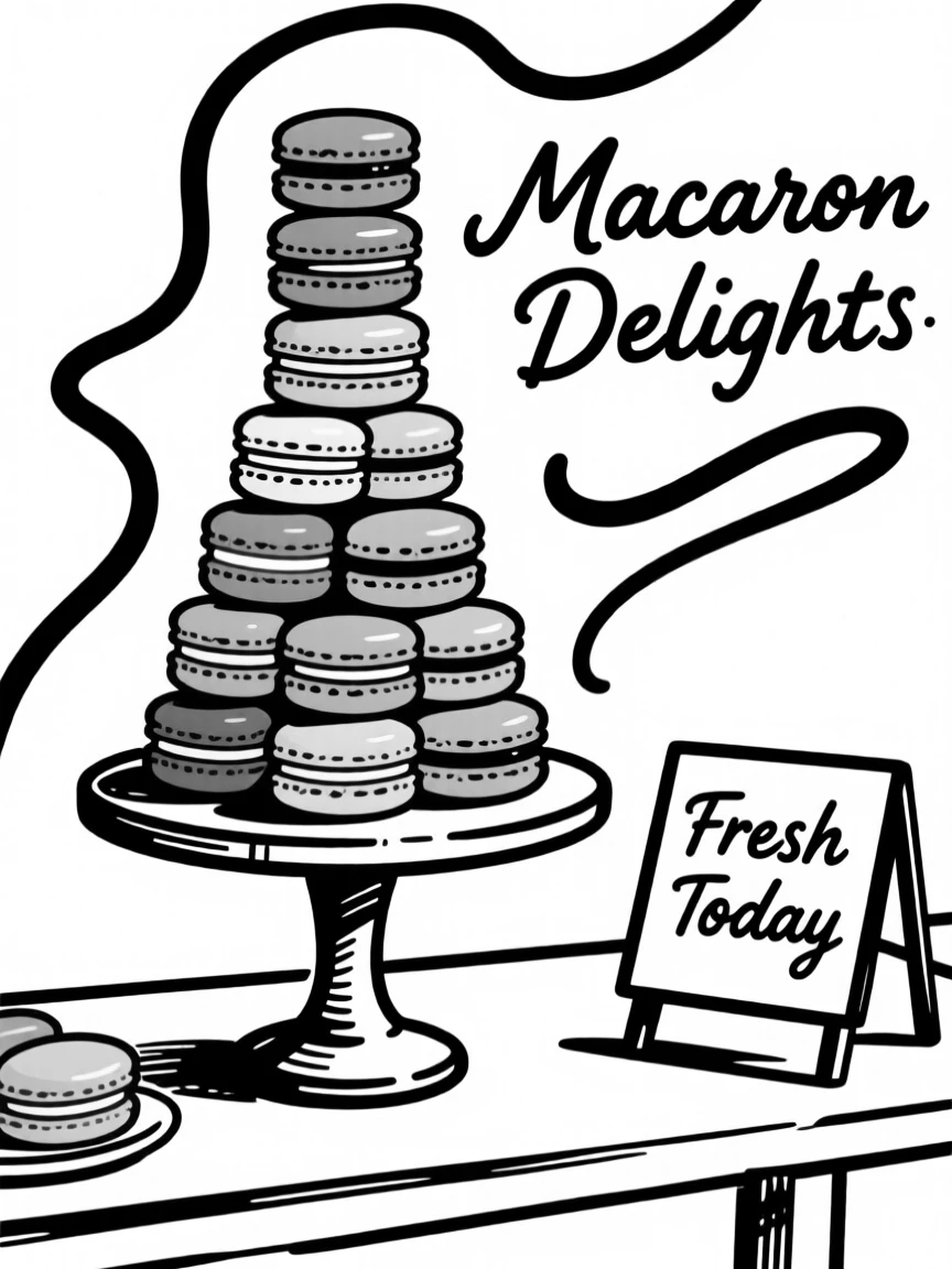 A stack of colorful macaron towers on a bakery display stand.