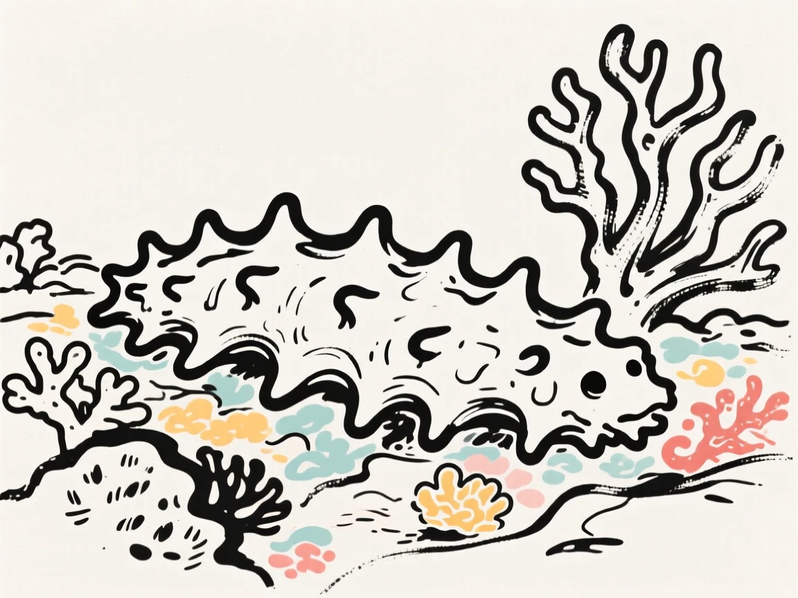 A sea cucumber resting quietly among a bed of coral.