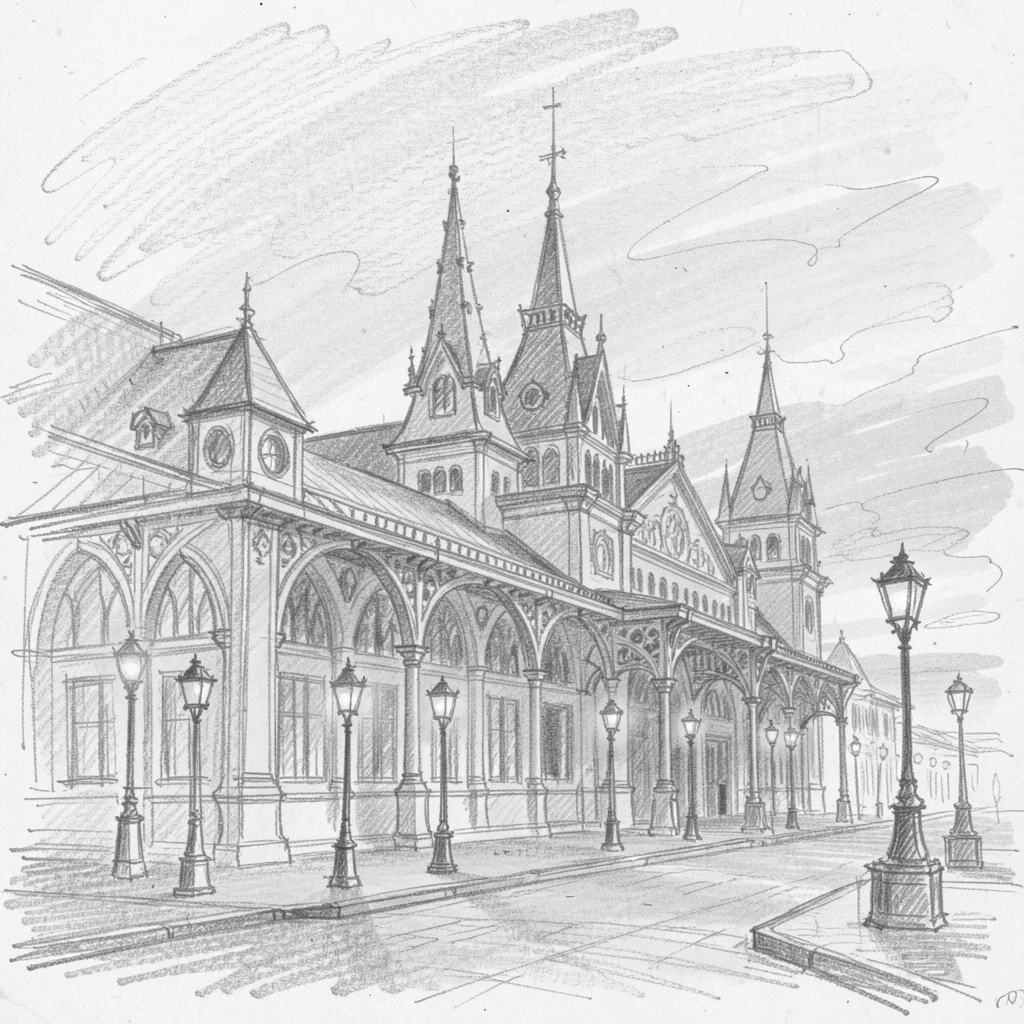 A grand Victorian train station during a dramatic sunset, with lanterns glowing along the pathway.