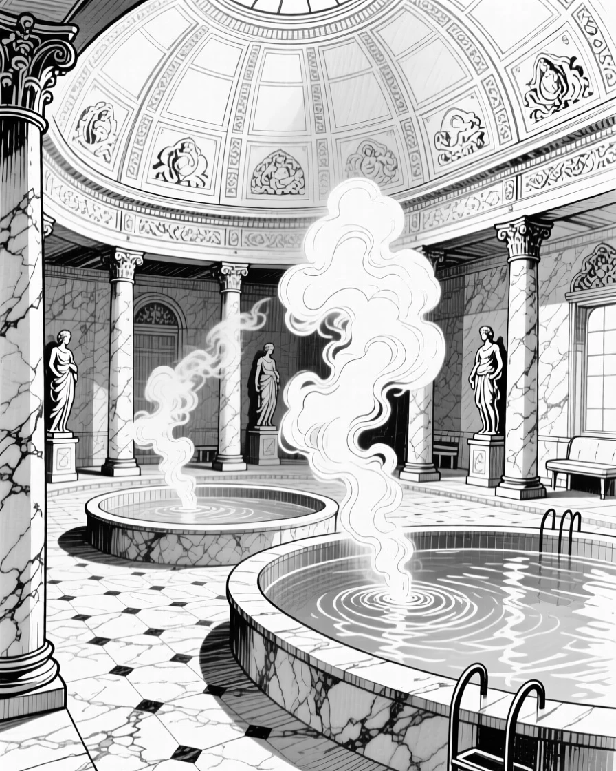 A grand marble bathhouse with domed ceilings and steam rising from pools.