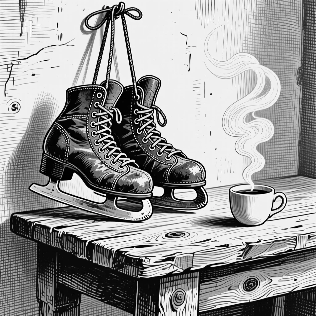A pair of ice skates hanging by their laces arranged on a rustic wooden table, with steam curling gently upward nearby, forming a refined and understated still-life study.