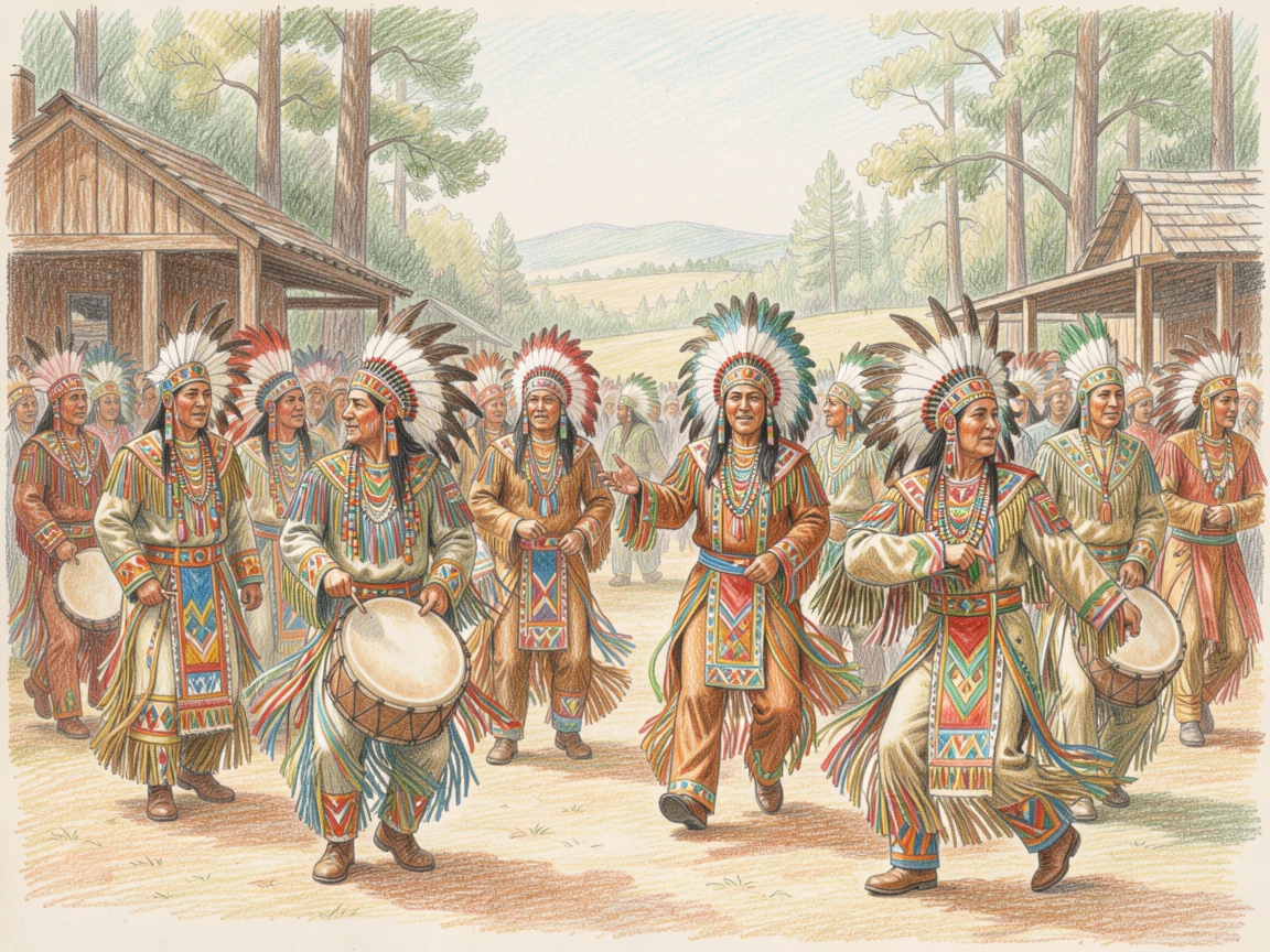 A Native American powwow with dancers in traditional regalia, with careful attention to period-accurate clothing and setting, capturing the grandeur of a bygone era.