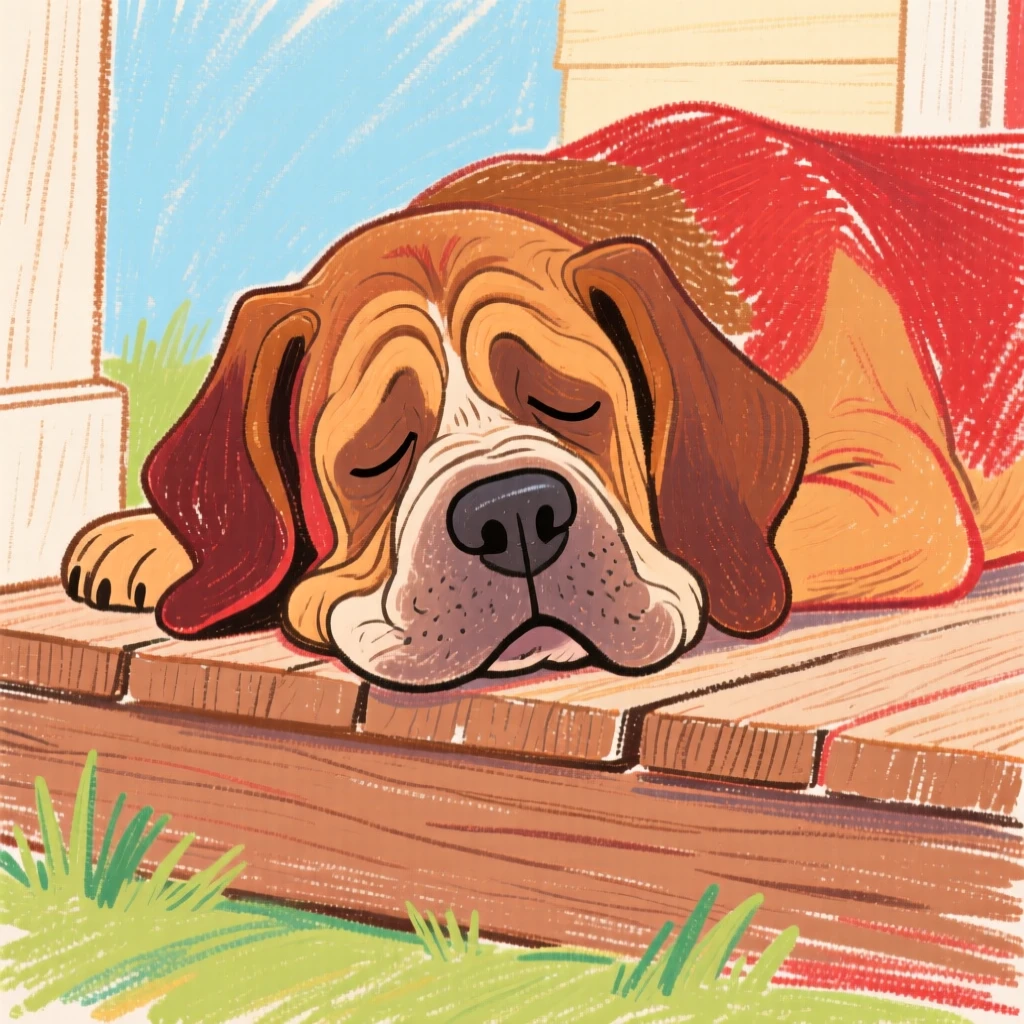 A sleepy old bloodhound resting its head on a porch step.