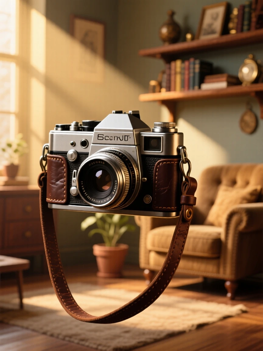 A classic film camera with a worn leather strap, set within a cozy, warmly lit room, composed with soft diagonal lighting for depth, with soft golden light highlighting fine craftsmanship.