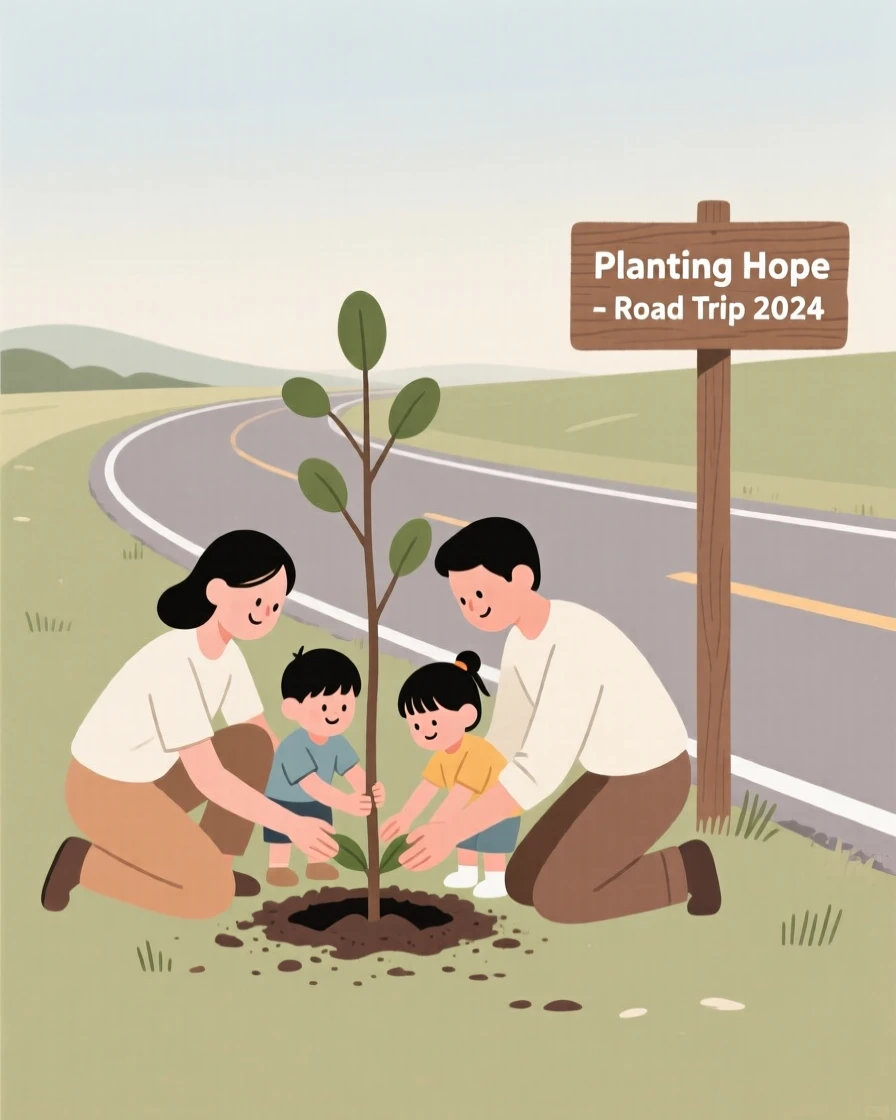 A family planting a tree together during a road trip.
