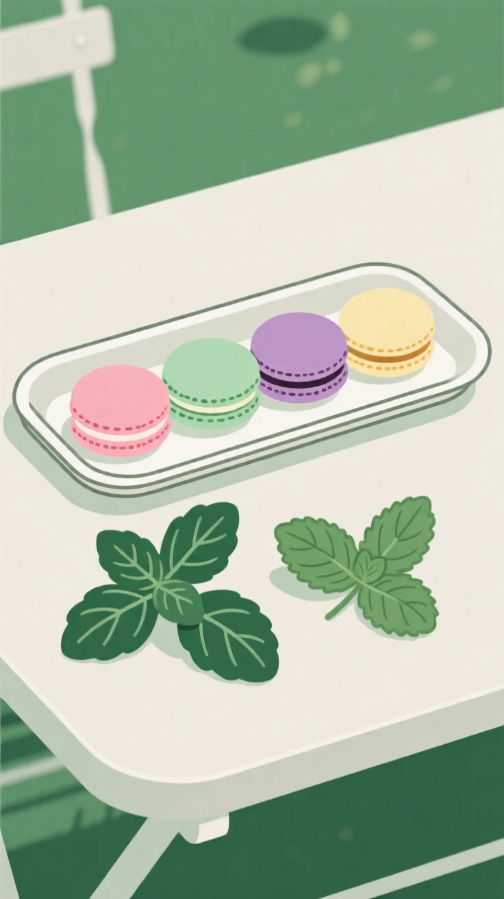 A freshly prepared tray of colorful macarons served on fresh herbs, set in a garden table at brunch, inviting cozy indulgence.