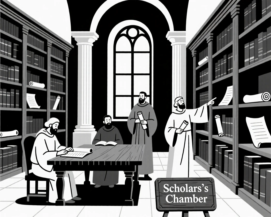 An ancient library filled with scrolls and scholars.