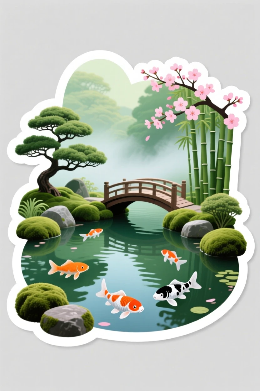 A vibrant serene Japanese garden with a koi pond, with morning mist rolling through, far from any city lights.