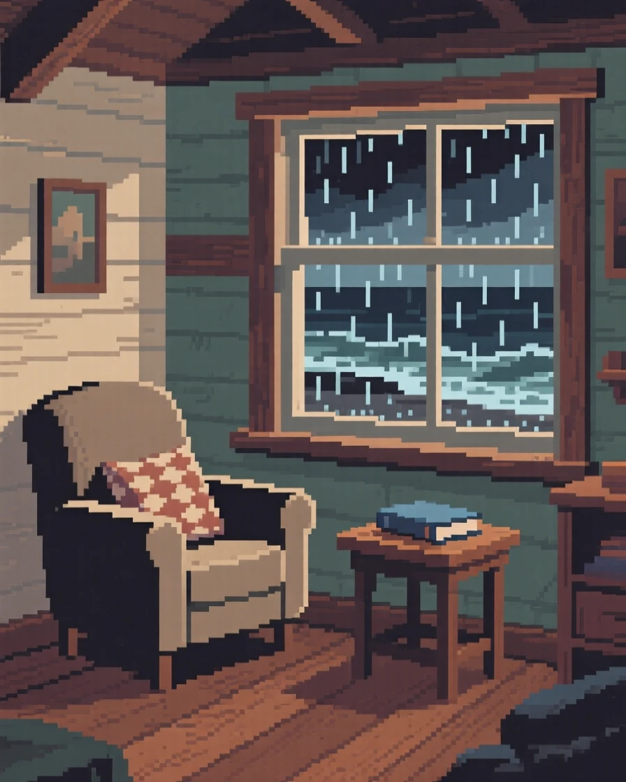 A small reading nook with rain gently streaking the window beside it, inside a seaside cottage during a storm.