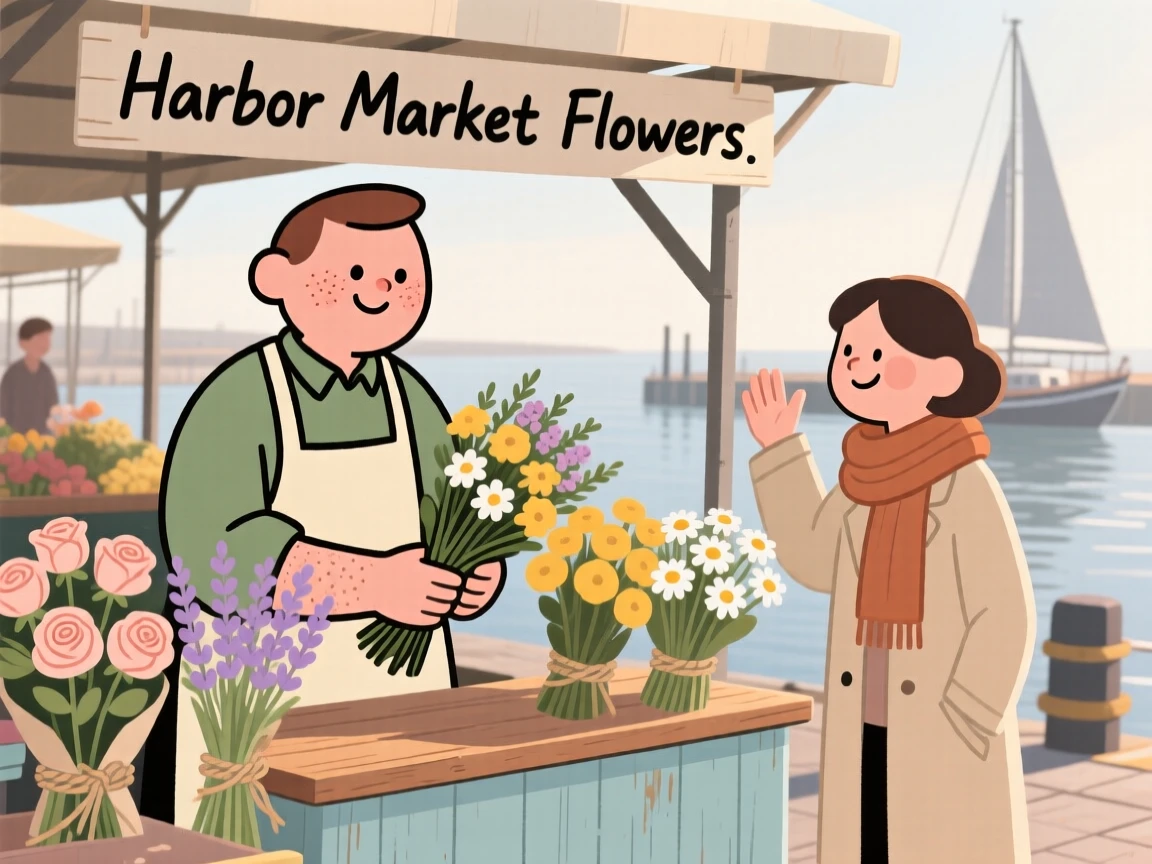 A baker arranges bundles of fresh flowers at a bustling harbor market, greeting a regular customer with a warm smile in the morning sun.