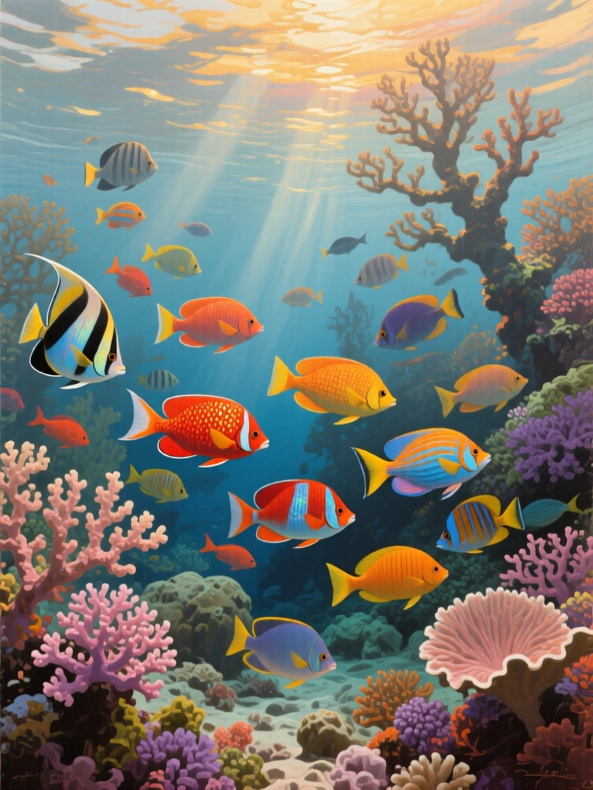 A centered composition of a school of colorful fish weaving through a coral reef, at dusk, in the height of summer.