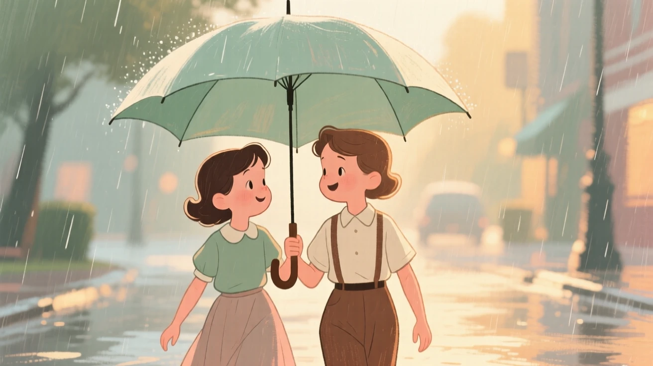 Two children sharing an umbrella while walking home in the rain