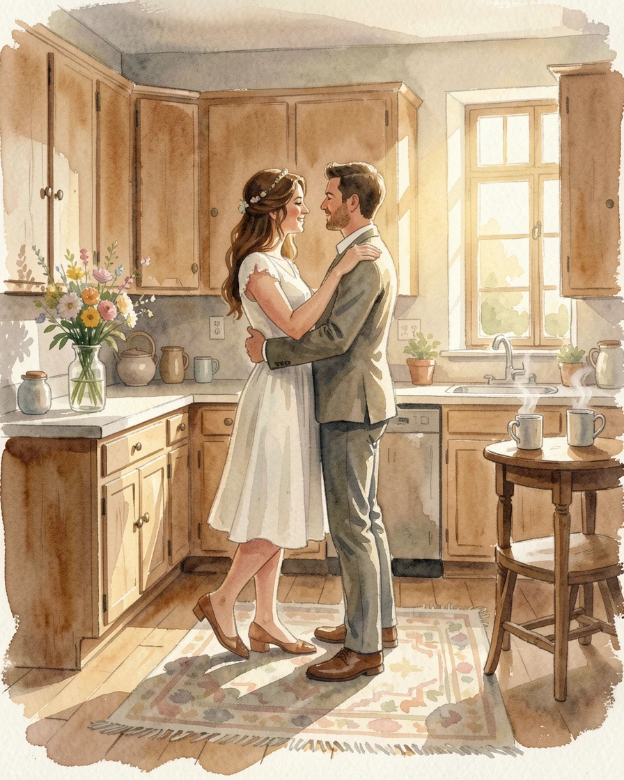 A couple slow dancing in their kitchen surrounded by a comforting, familiar setting.
