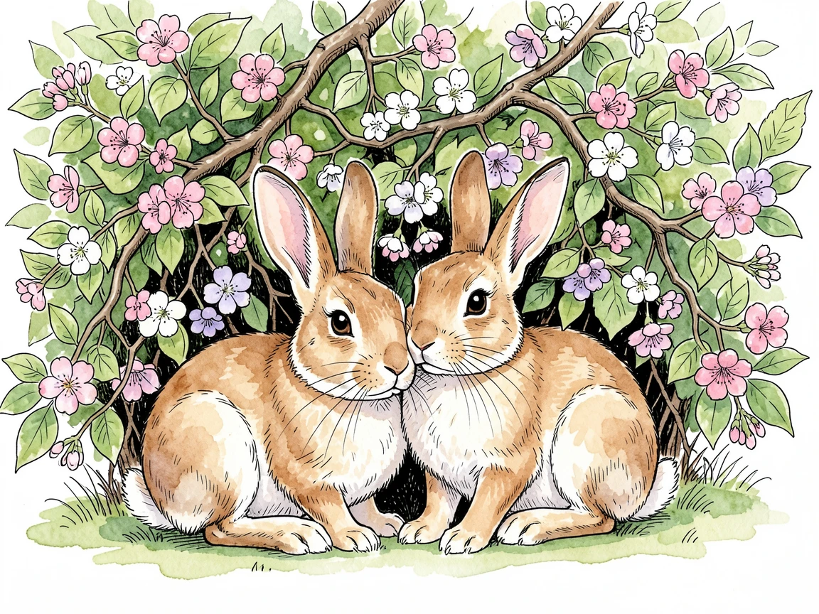 A pair of rabbits nestled together beneath a blooming hedge, a sense of quiet wildness filling the moment.