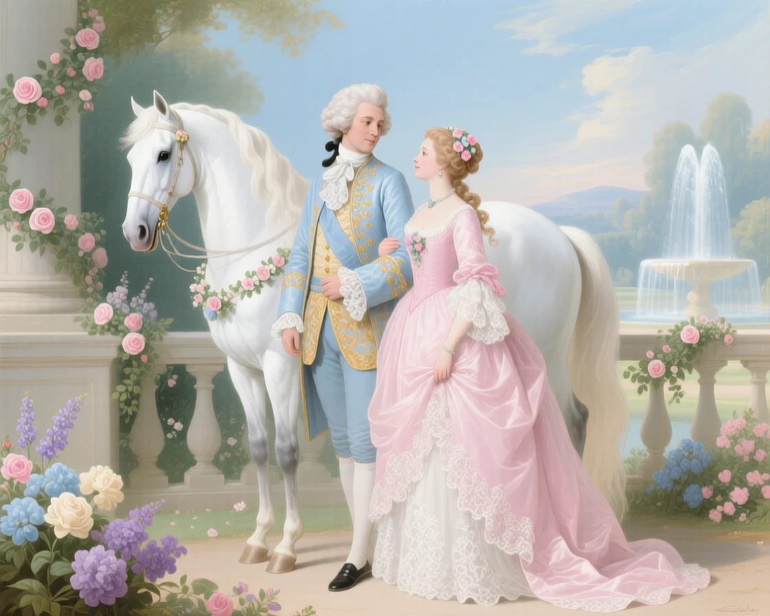 A prince and princess posing beside a white horse after their wedding  