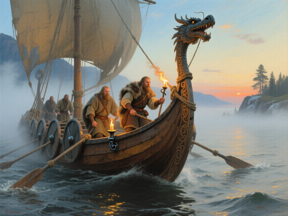 A Viking longship cutting through misty northern seas at dawn, as warm candlelight or torchlight fills the surrounding space, offering a vivid window into a fascinating moment of human history