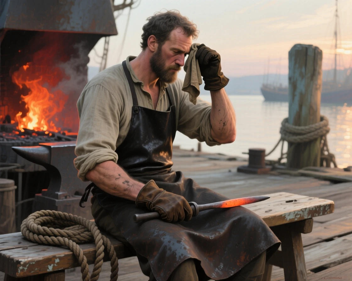 A blacksmith wiping soot from his brow beside a glowing forge turning slightly toward a soft, unseen light, set on a weathered dockside bench beside coiled rope, with worn hands and a face lined by years of quiet labor; warm and cool tones contrast to separate figure from background, conveying quiet dignity and inner life.