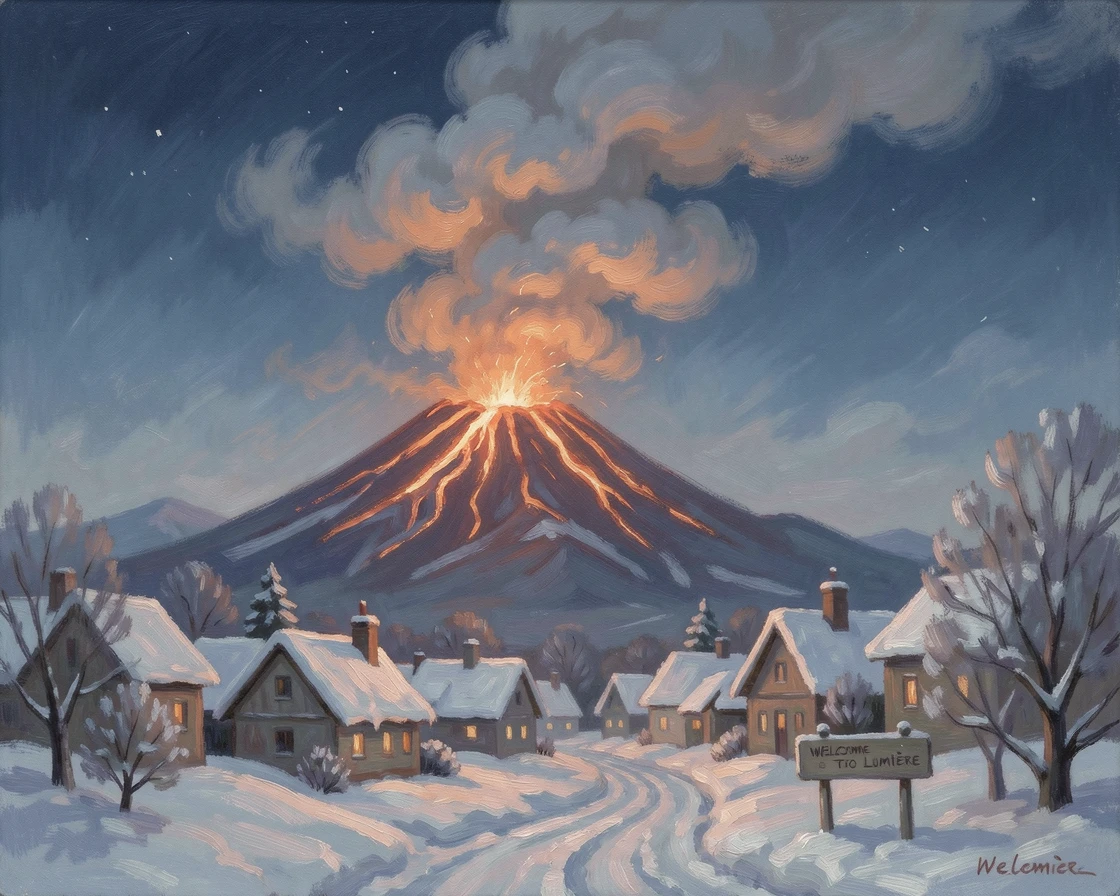 A volcanic eruption glowing orange against a night sky, ash plumes rising above a distant village, under a fresh blanket of snow, radiating serenity and gentle stillness.