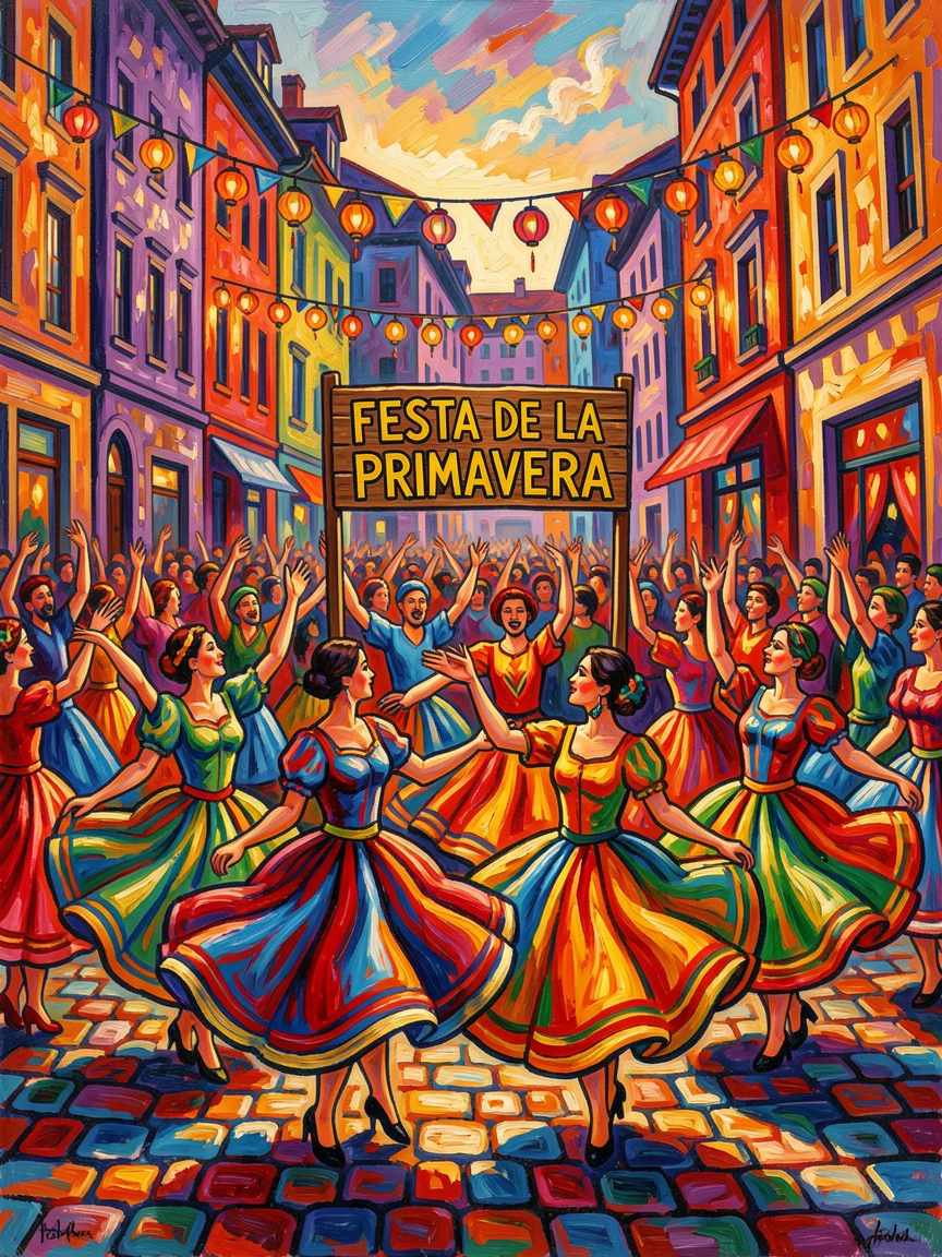 A crowded plaza during a lively festival, dancers twirling in colorful costumes.