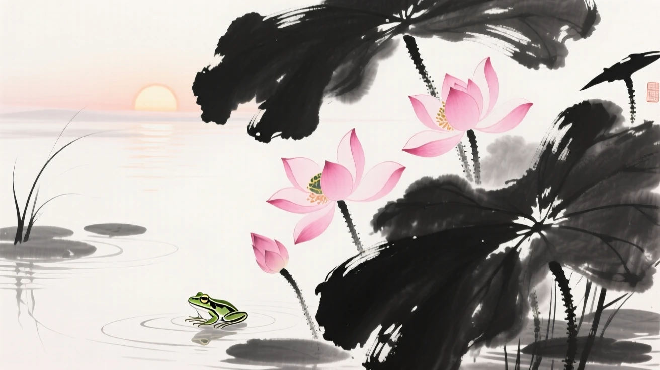 Pink lotus blossoms open across a still pond at dawn, with frogs resting quietly among the leaves.