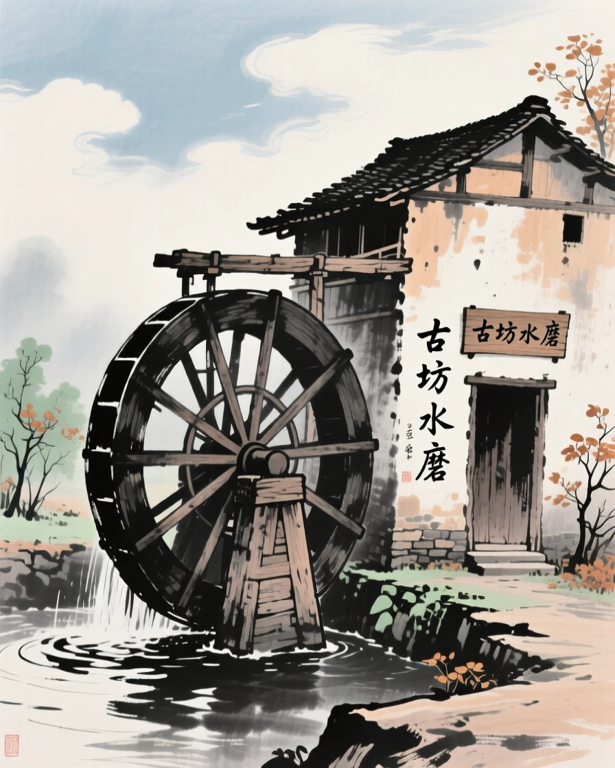 An old wooden waterwheel turning slowly beside a village mill, beneath low hanging clouds, full of quiet reverence, in late autumn.