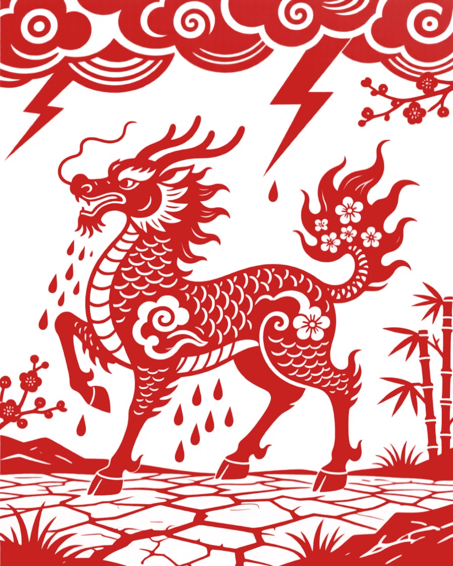 A guardian qilin, summoning rain over a parched valley, as thunder rumbles across distant peaks.